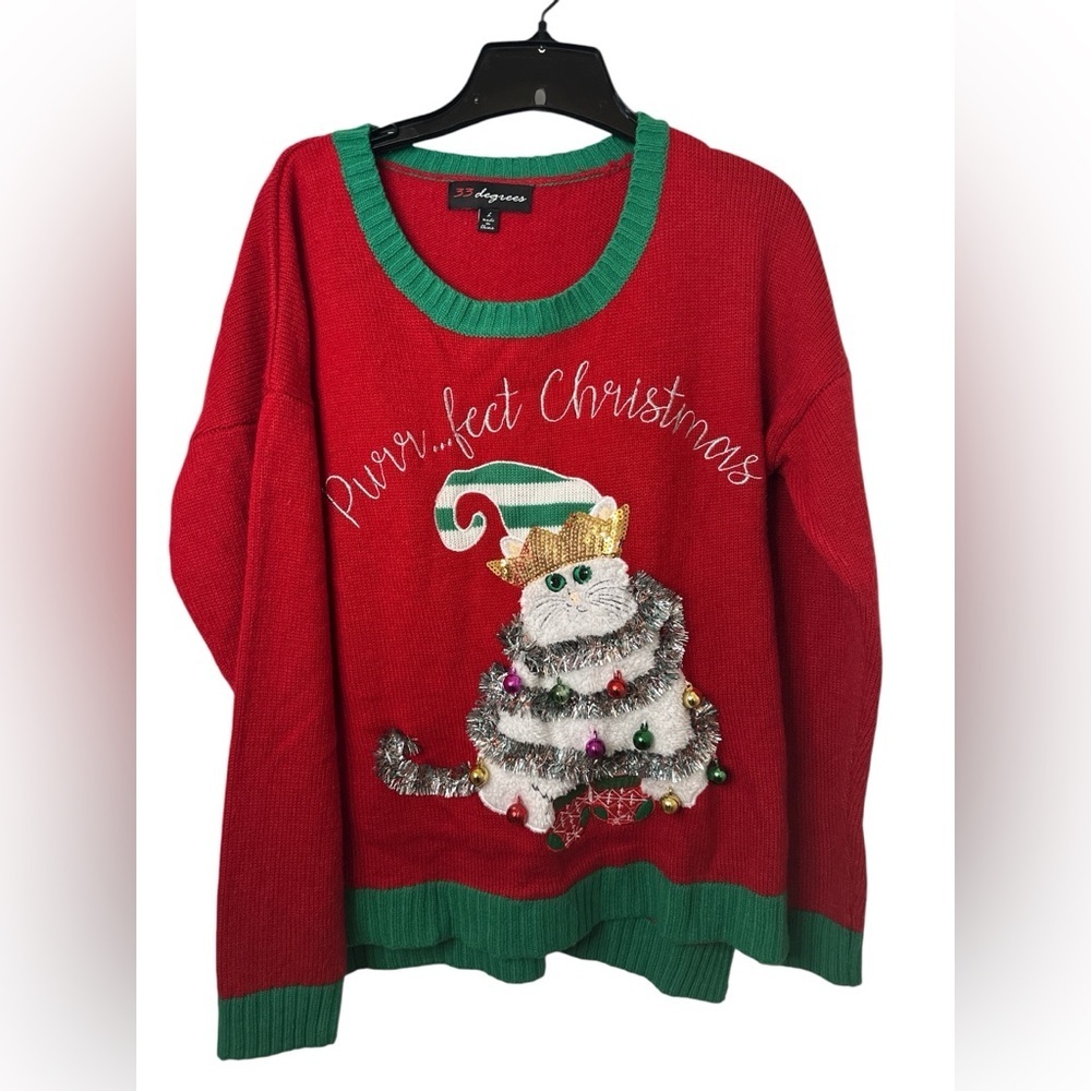 33 Degrees Ugly Christmas Sweater Tinsel Accents Cat